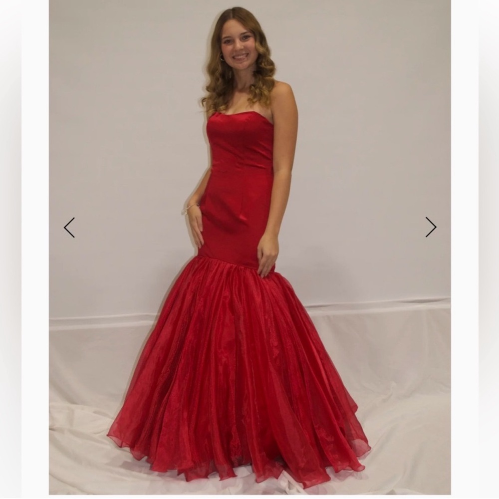 Jovanni Strapless Red Mermaid Prom Gown